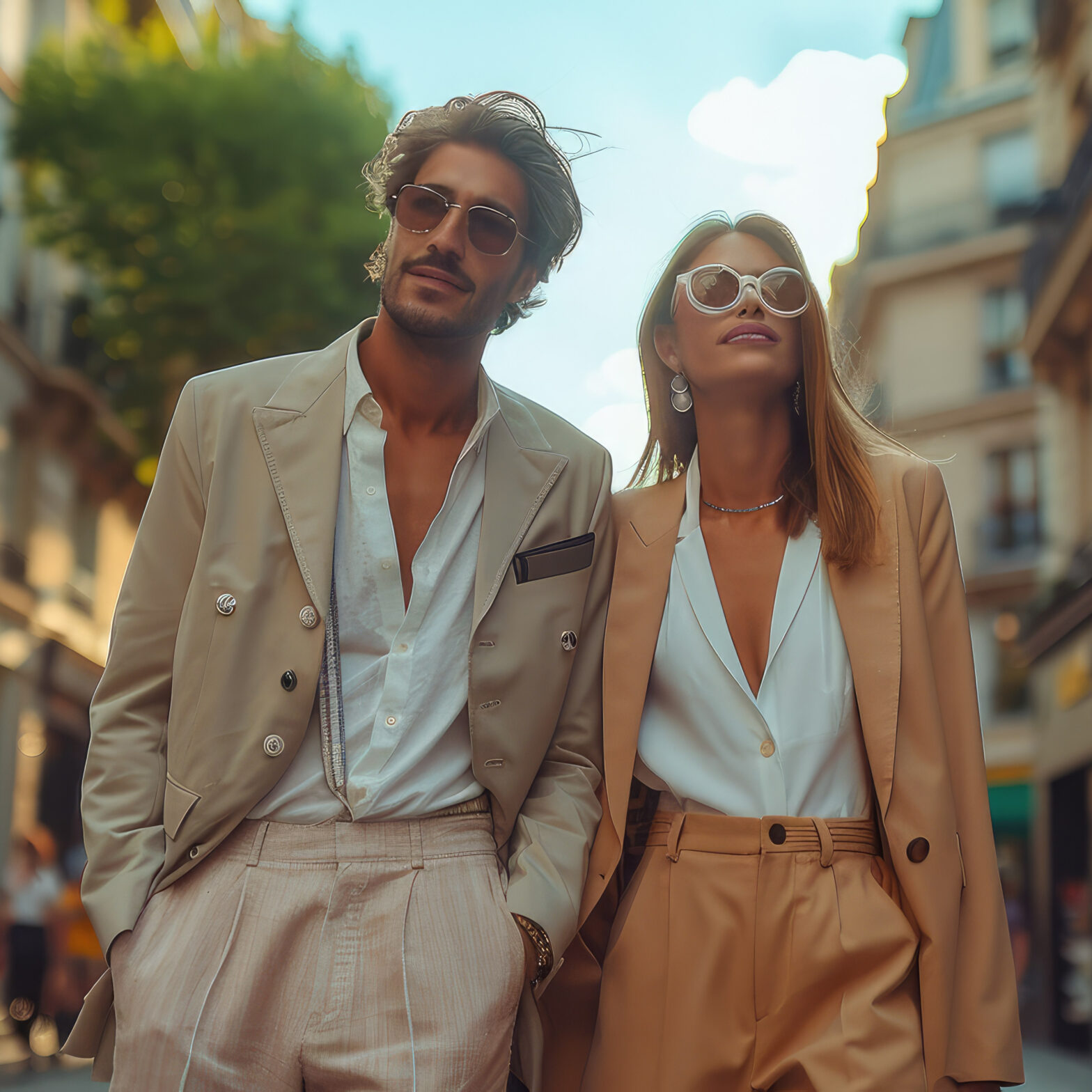Fashionable couple walking confidently down a sunlit street; man in a double-breasted taupe blazer and pleated trousers, woman in a tan pantsuit with wide-leg slacks and white blouse, both wearing sunglasses.