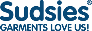 Sudsies® logo in bold navy-blue lowercase type with the tagline “Garments Love Us!” beneath it in all caps.