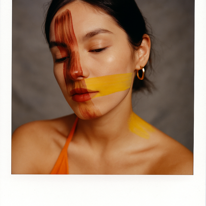 Dreamy Polaroid portrait of a woman with abstract painted brushstrokes wearing an orange dress, photographed in Fort Lauderdale studio for Sudsies dry cleaning feature article.