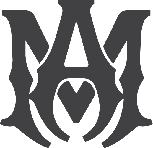 Amiri logo featuring a gothic-style monogram with overlapping “A” and “M” letters, representing edgy luxury fashion expertly serviced by Sudsies Dry Cleaners.