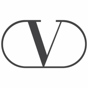Valentino logo featuring a stylized “V” encased in an elegant oval outline, symbolizing luxury fashion garments serviced by Sudsies Dry Cleaners.