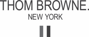 Thom Browne. New York logo with minimalist typography and a vertical red, white, and navy stripe, symbolizing precision fashion cared for by Sudsies Dry Cleaners.